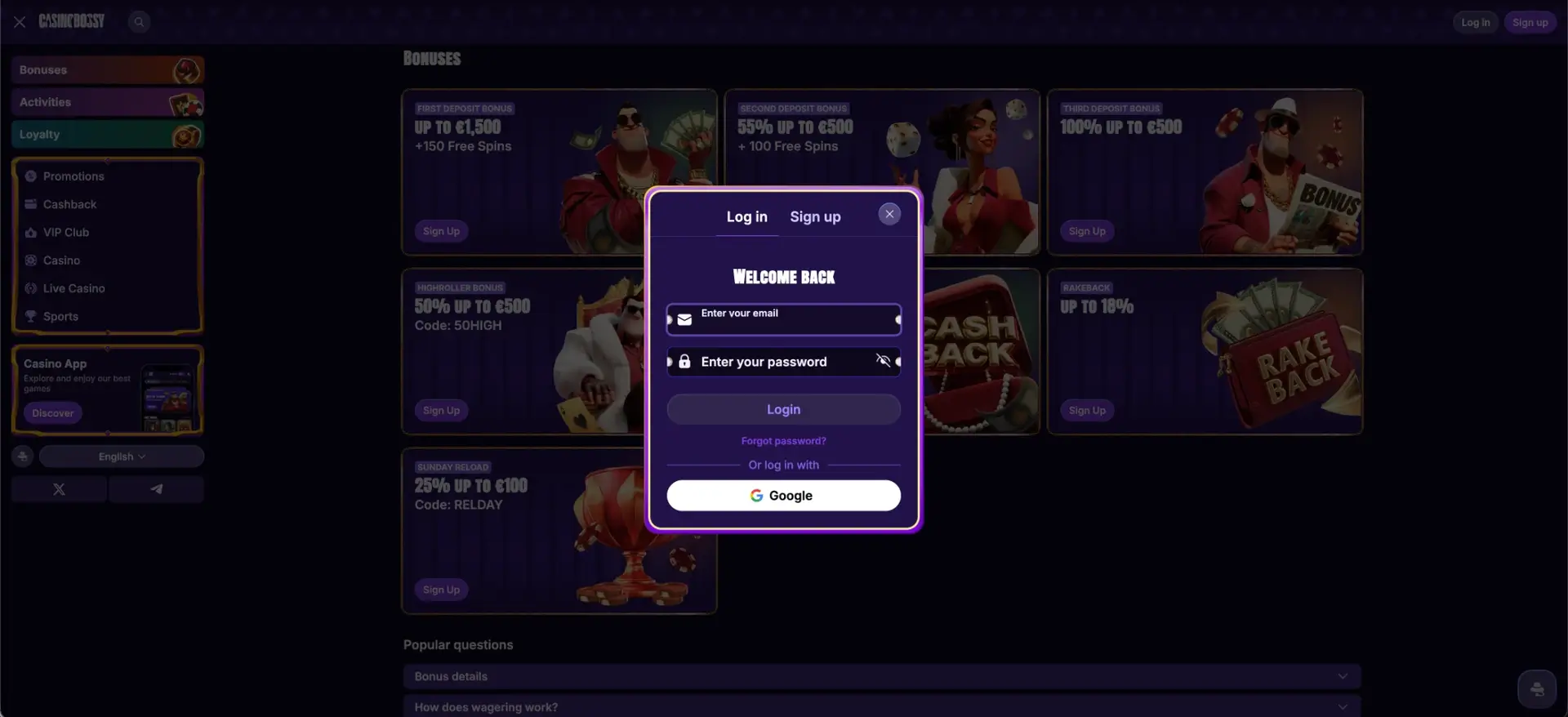 CasinoBossy login form