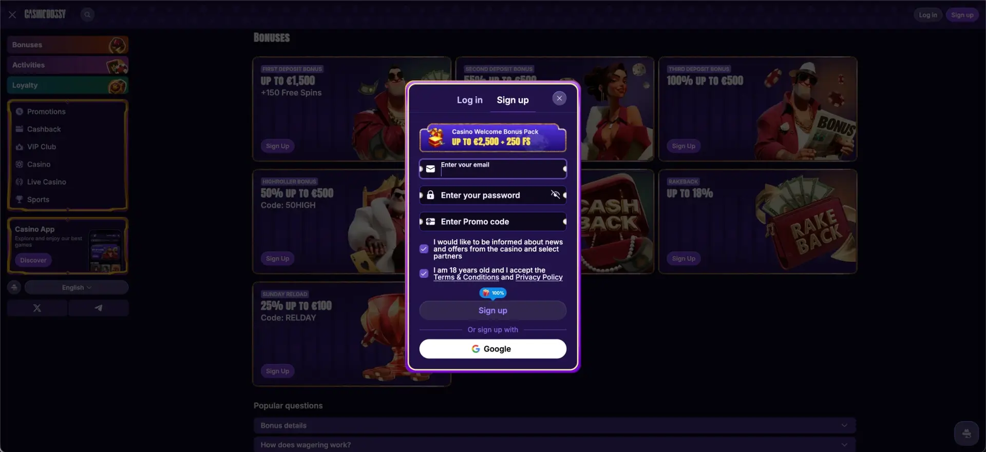 CasinoBossy registration form